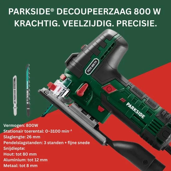 Decoupeerzaag 800W - Met Lasergeleider, LED-licht en Stofafzuiging - Inclusief Koffer en 2 Zaagbladen - Elektrische Zaagmachines - Gereedschap