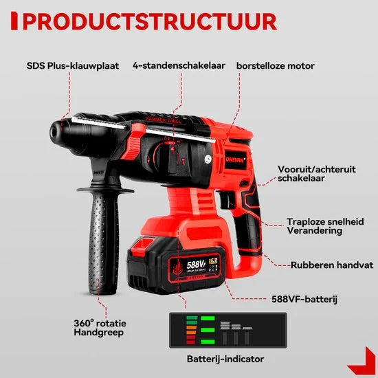 Elektrische Boorhamer - 21V Draadloze Klopboormachine - SDS-Plus boorkop - Borstelloze motor - 5600 BPM - Accuboorhamer - met 2 x accu & 10 x Accessoires