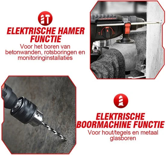 Elektrische Boorhamer - 21V Draadloze Klopboormachine - SDS-Plus boorkop - Borstelloze motor - 5600 BPM - Accuboorhamer - met 2 x accu & 10 x Accessoires