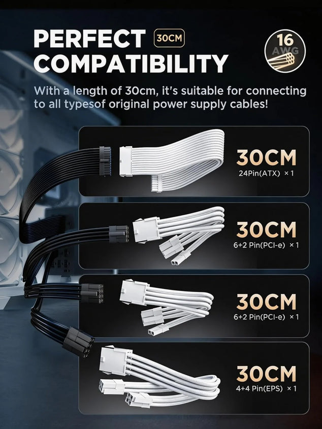 PSU kabel verlenging, PC kabel kit voor GPU/CPU, 18AWG voedingskabelverlengingen met kabelkammen, 24PIN/(6+2) PIN/(4+4) PIN kabelmanagement, 30CM, Puur Wit