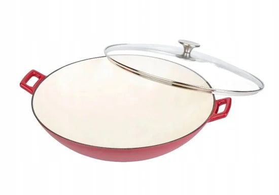 wok gietijzer o 36 cm kleur rood met glazen deksel
