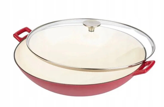 wok gietijzer o 36 cm kleur rood met glazen deksel