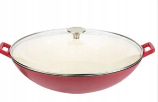 wok gietijzer o 36 cm kleur rood met glazen deksel