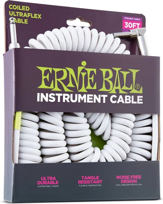 6045 gekrulde instrumenten kabel 9 m wit 1x haaks, 1x recht jack 6,35 mm