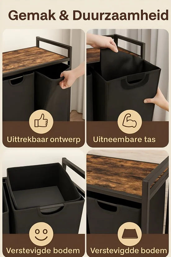Wasmand 3 Vakken - Wassorteerder - Uitschuifbaar met plank - Eenvoudige Montage - 92.5 x 33 x 71 cm - 114L Capaciteit - 3 Zakken - Bruin Hout - Zwart Metaal - Wasmanden - Wasbox