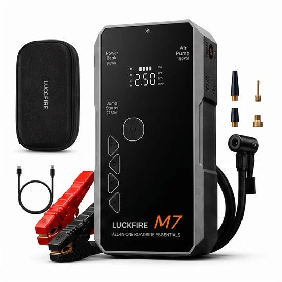 M7 Jumpstarter met Compressor voor Auto 12V - SmartIgnition, TÜV, 150 PSI, Powerbank, LED Zaklamp, SOS Noodlicht, incl. Opbergtas