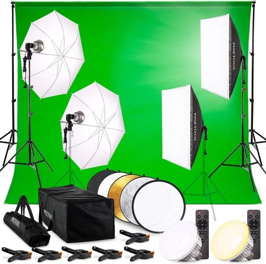 Green screen 3 x 3M met Achtergrondsysteem 2,6 x 3M – Fotostudio Set – Greenscreen Set – Inclusief, Softbox, Paraplu’s, Lamphouders, LED lampen, Reflectiescherm & Draagtas - Vaderdag Cadeau