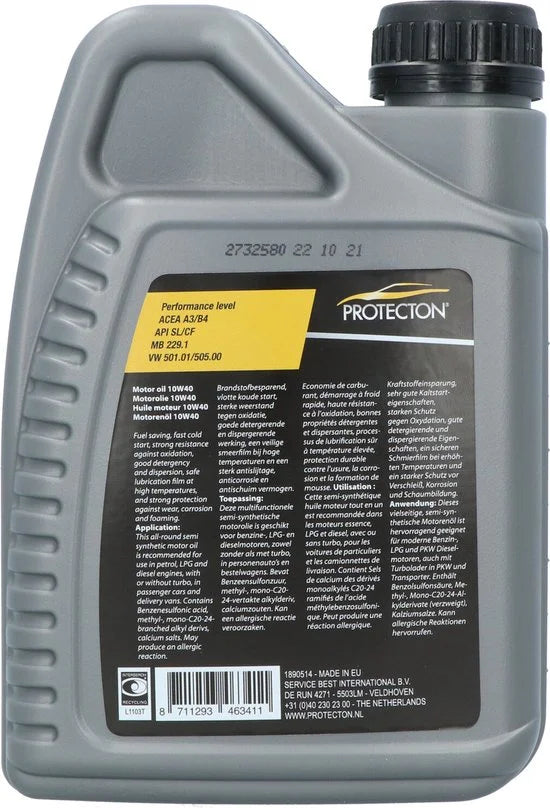 Motorolie 10W-40 A3/B4 – Semisynthetische - Brandstof besparend - Voor benzine-, LPG- & dieselmotoren – Sterke weerstand tegen oxidatie - Veilige smeerfilm bij hoge temperaturen - 1 Liter