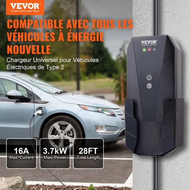 Portable EV Charger Type 2, 16A 3.7 kW, Electric Vehicle Car Charger with 28 ft Charging Cable CEE 7/7 Plug, IEC 62196 Home EV Charging Station with Storage Bag Charging Cable Hook, IP66