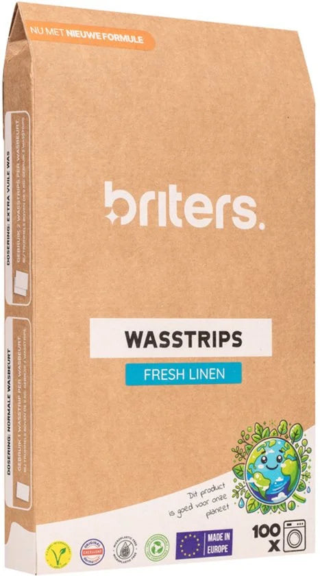 Europese Briters Wasstrips - Dé nieuwe standaard in Wasmiddel - V-Label gecertificeerd (vegan) - Dermatest goedgekeurd (hypoallergeen) - Biologisch afbreekbaar