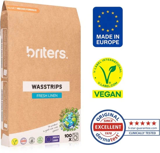 Europese Briters Wasstrips - Dé nieuwe standaard in Wasmiddel - V-Label gecertificeerd (vegan) - Dermatest goedgekeurd (hypoallergeen) - Biologisch afbreekbaar