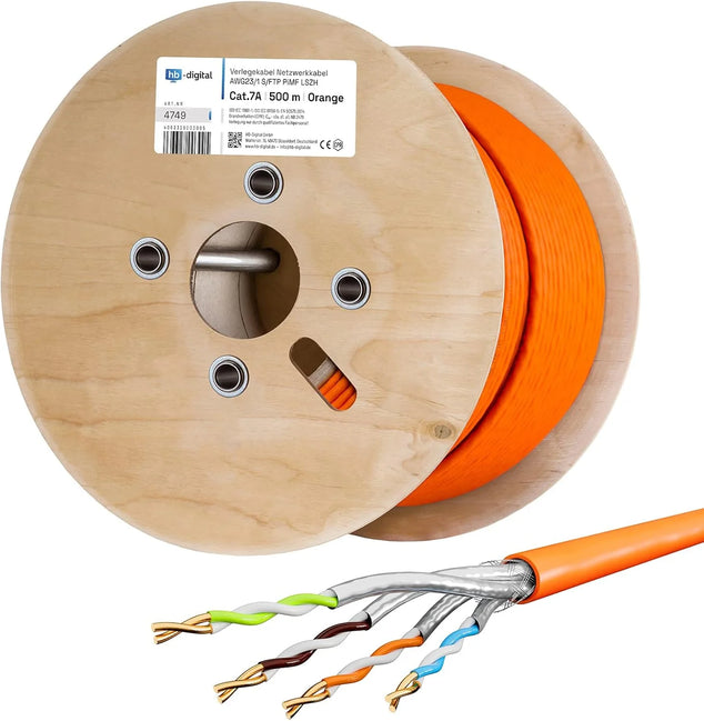 500m cat.7A netwerkkabel LAN-kabel AWG 23/1 Oranje kabel cat 7 koper professionele S/FTP PIMF LSZH halogeenvrij RoHS compliant Cat7a cat.7 een Ethernet-gegevenskabel 10Gbit 1000MHz 10 Gigabit