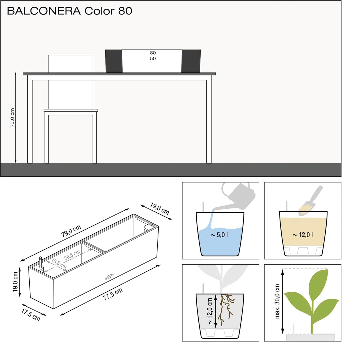 15680 31" x 7" x 7" White Balconera Self-Watering Planter