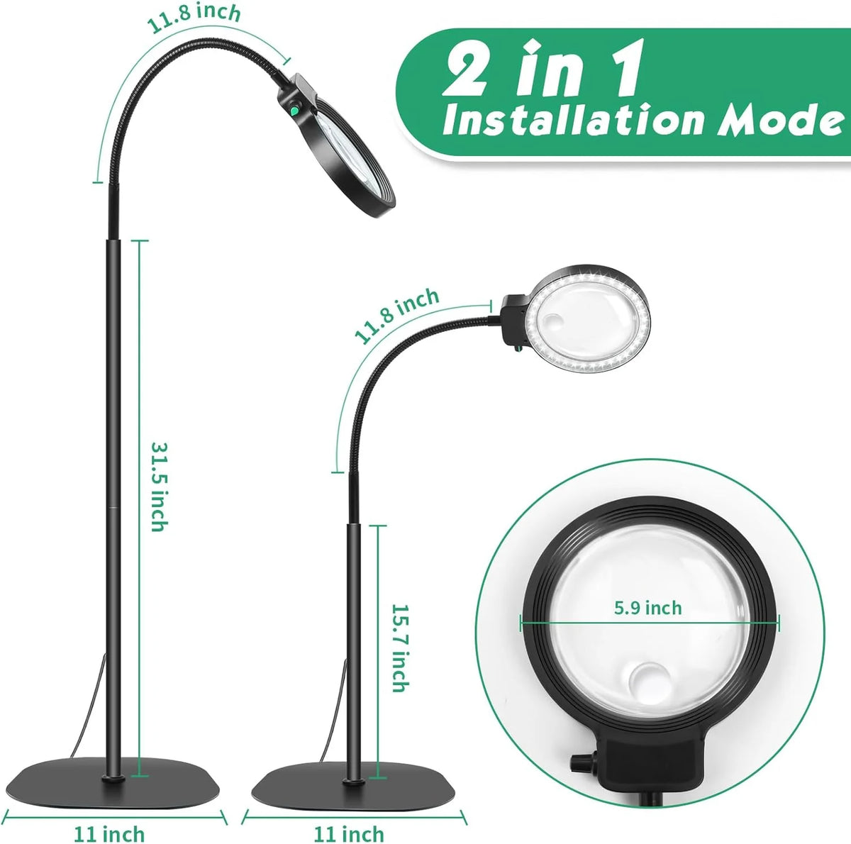 5X 10X vergrootglas met licht en standaard, 2-in-1 vergrootlamp met 36 instelbare helderheids-LED's, flexibele zwanenhals staande vergrootlamp voor nauwkeurig werk, knutselen, lezen