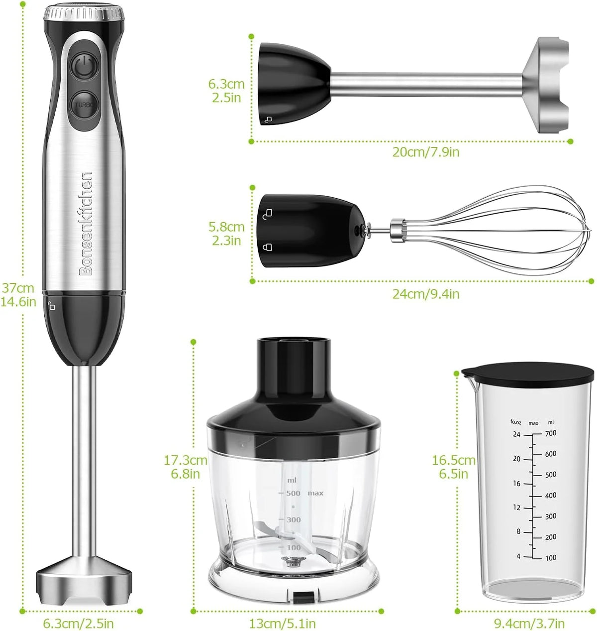 Pureerstaaf, 4-en-1 staafmixer elektrisch, 1000 W, traploze snelheden, roestvrij staal, garde, 500 ml hakbeker en 700 ml maatbeker voor babyvoeding, HB3203 (zwart)