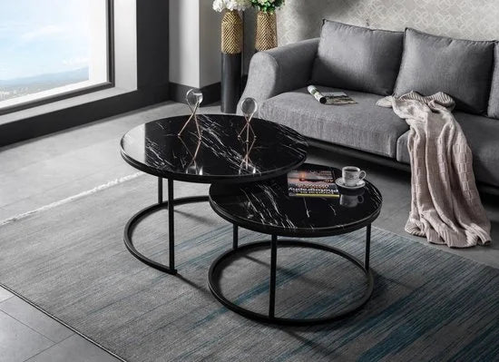 Salontafel Set van 2 - Marmer Look - Ø80 / Ø 80 / Ø 45 cm Black - Bijzettafel - Tafel Rond - Marmerlook MDF
