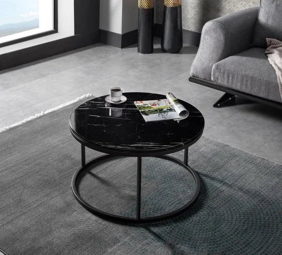 Salontafel Set van 2 - Marmer Look - Ø80 / Ø 80 / Ø 45 cm Black - Bijzettafel - Tafel Rond - Marmerlook MDF