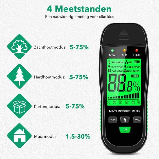 Professionele Vochtmeter incl. Batterijen - Vochtigheidsmeter Voor Hout / Bouwmateriaal / Wanden - Vochtmeter Muren - Houtvochtmeter - Brandhout
