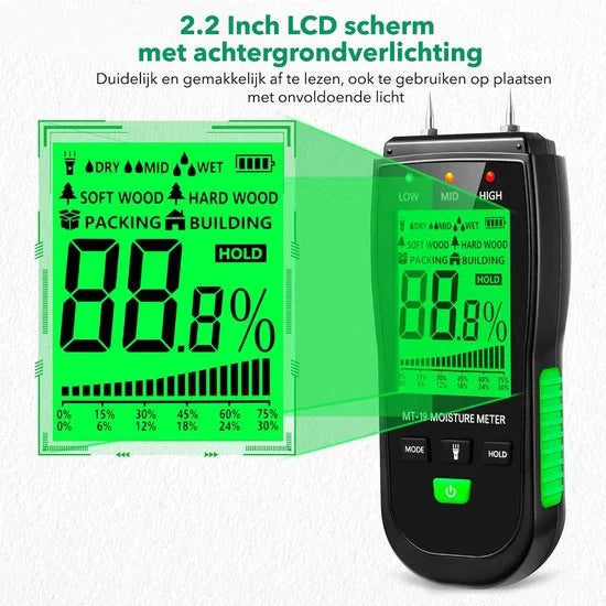 Professionele Vochtmeter incl. Batterijen - Vochtigheidsmeter Voor Hout / Bouwmateriaal / Wanden - Vochtmeter Muren - Houtvochtmeter - Brandhout