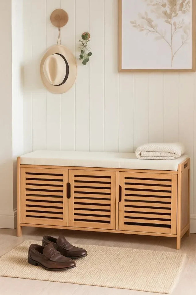 Bamboe schoenenkast met bankje Schoenenbank met 3 vakken Zitkussen Schoenenkast Opbergkast voor gang Hal 50x90x35cm Beige