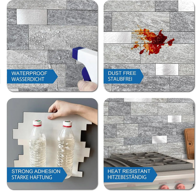 Zelfklevende 3D-muurtegels, baksteenmotief, tegelstickers met marmermotief voor badkamer, waterbestendig, mat, voor tegels keuken, beschermlaag verwijderen en plakken, hittebestendig, 10