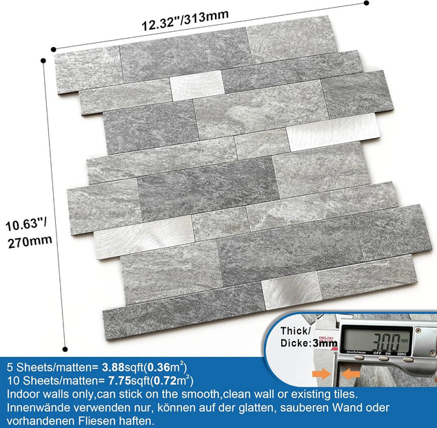 Zelfklevende 3D-muurtegels, baksteenmotief, tegelstickers met marmermotief voor badkamer, waterbestendig, mat, voor tegels keuken, beschermlaag verwijderen en plakken, hittebestendig, 10