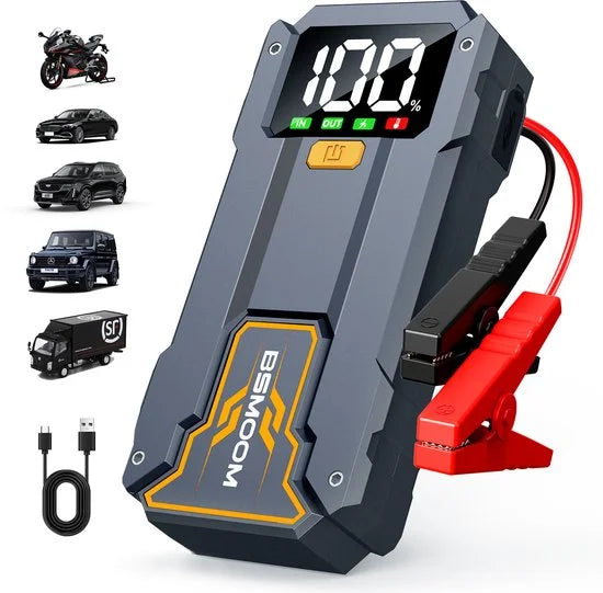12V Jumpstarter voor Auto - 5000A - 3-in-1 Starthulp - LED Zaklamp, SOS Noodlicht en Powerbank -Zwart