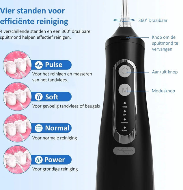 Waterflosser Draadloos zwart 310ml 4 standen