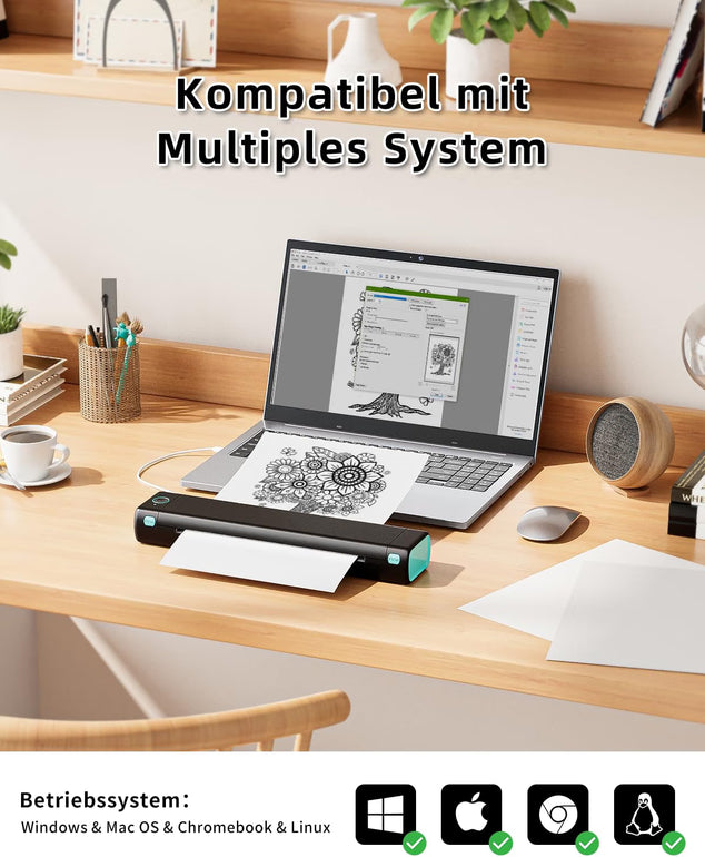 M08F Thermal Printer - Draagbare Draadloze A4 Mobiele Printers voor Thuisgebruik Kantoor, Bluetooth Inkless Printer Compatibel met Laptops & Smartphone,Zwart