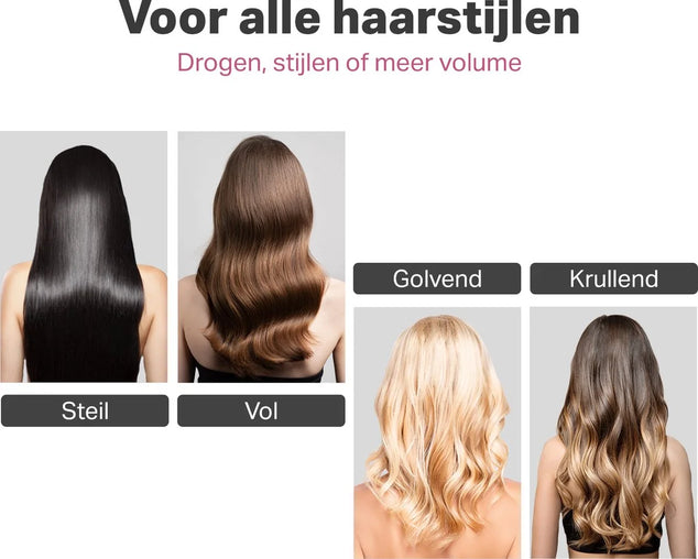 3-in-1 Föhnborstel - Airstyler - Stijlen, Krullen en Extra Volume - Multistyler - Krulborstel - Warmteborstel - 360 Flow - 1000W - Ø 45 mm - Zwart/Roze