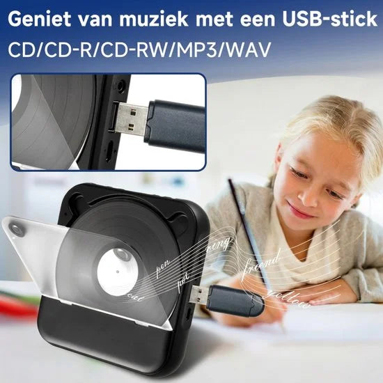 Draagbare Bluetooth-cd-speler met USB-C-snelladen – Ultradun en compact – Ondersteunt MP3/WMA-formaten – Geschikt voor zowel reizen als thuisgebruik – Zwart
