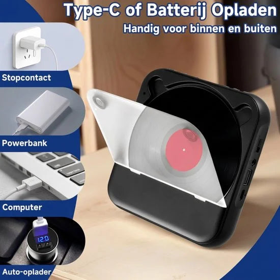Draagbare Bluetooth-cd-speler met USB-C-snelladen – Ultradun en compact – Ondersteunt MP3/WMA-formaten – Geschikt voor zowel reizen als thuisgebruik – Zwart
