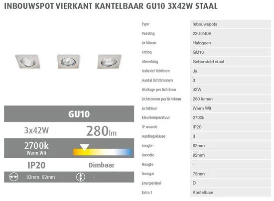 A1G1.1 - 0 - Prolight halogeen inbouwspot - vierkant - staal - GU10 - 40W - set a 3 stuks
