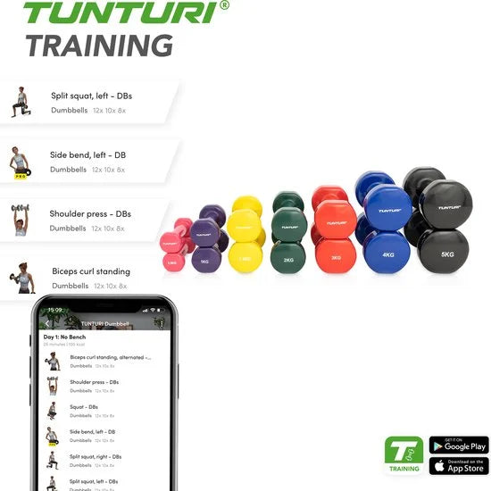 Tunturi Dumbbell set - 2 x 2,0 kg - Vinyl - Groen - incl. gratis fitness app