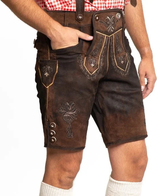 Tannhauser Lederhosen Starnberg Kort 100% Echt Leder Oktoberfest Heren Lederhosen Man  - Donkerbruin- Leer- M