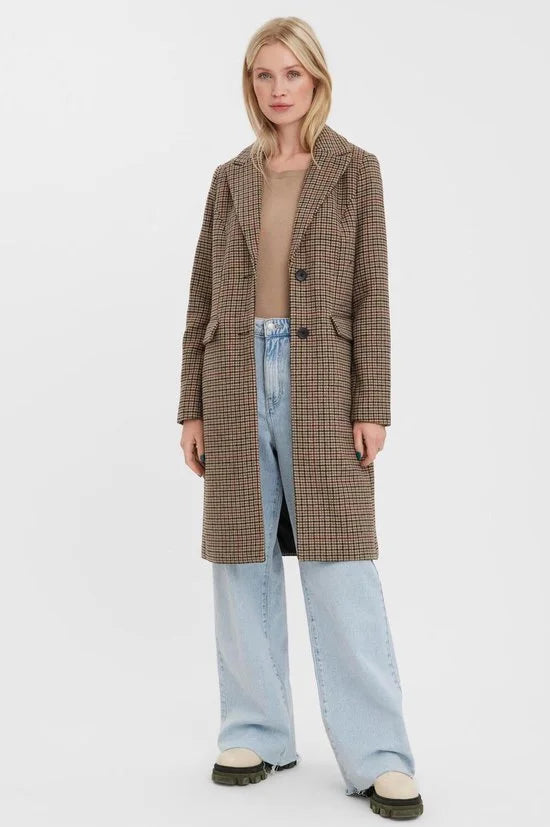 Vero Moda Jas Vmblast Check Long Wool Jacket Ga 10273533 Tan/houndstoot Dames Maat - S