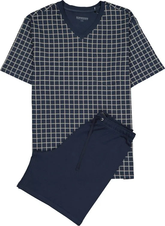 Schiesser heren shortama - blauw geruit -  Maat 6XL