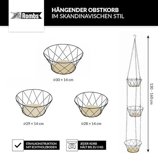 Hangende Fruitmand - 3-laags - Fruitschaal - Keukenhanger 3 manden - Fruithangmand - Zwart