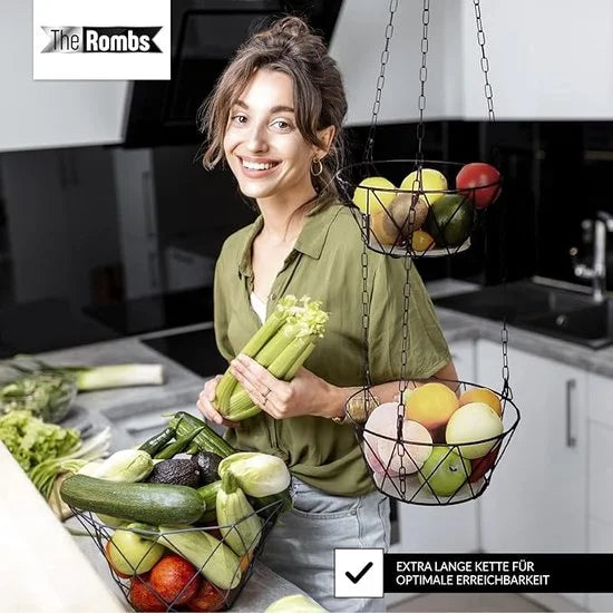 Hangende Fruitmand - 3-laags - Fruitschaal - Keukenhanger 3 manden - Fruithangmand - Zwart
