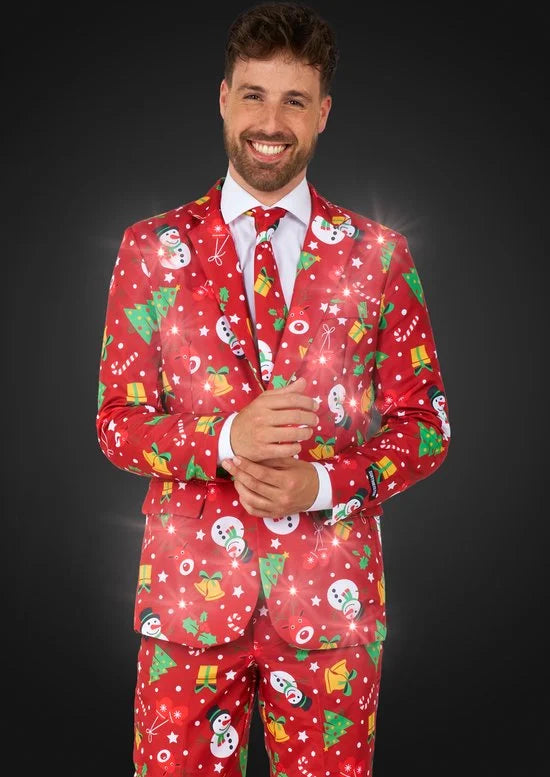 Suitmeister Christmas Red Icons met lichtjes- Verkleedpak - Heren Kerstpak - Kerst Outfit - Rood - Maat L