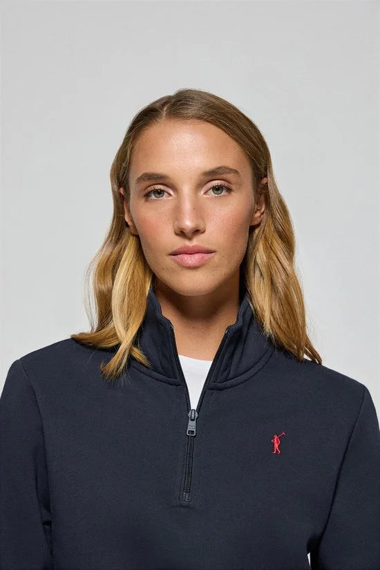 Marineblauwe sweater met halve rits en Rigby Go-logo