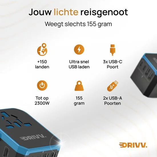Drivv. Universele Wereldstekker - 2x USB & 3x USB C Fast Charge - Reisstekker Amerika / Engeland / UK / Canada / Thailand / Afrika/ Japan / Mexico /