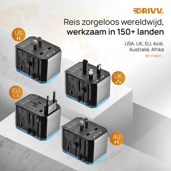 Drivv. Universele Wereldstekker - 2x USB & 3x USB C Fast Charge - Reisstekker Amerika / Engeland / UK / Canada / Thailand / Afrika/ Japan / Mexico /