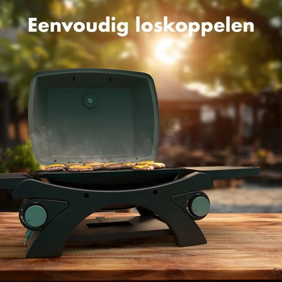 KitchenBrothers Gas BBQ - Staand en Tafelmodel Barbecue - 2 Branders - Tafelbarbecue - Anti-aanbaklaag - 37x48 cm Grilloppervlak - Zwart