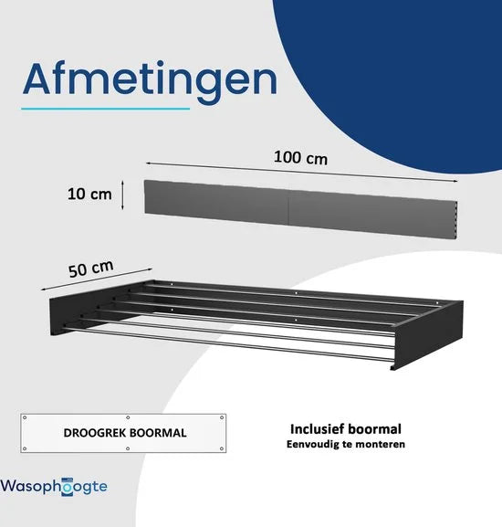 Wasophoogte® Wanddroogrek - Wandmontage Droogrek - Inklapbaar Droogrek - Muurdroogrek - Wasrek hangend - 100cm - 6m Drooglengte - Zwart