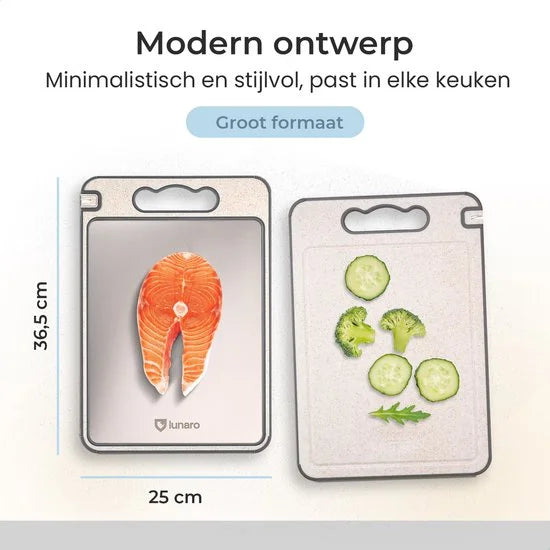 Lunaro 100% Titanium Snijplank Dubbelzijdig - PFAS-vrij - Cutting Board - Sapgeul - Met Raspdeel en Messenslijper