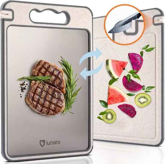 Lunaro 100% Titanium Snijplank Dubbelzijdig - PFAS-vrij - Cutting Board - Sapgeul - Met Raspdeel en Messenslijper