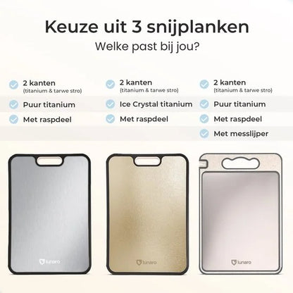 Lunaro 100% Titanium Snijplank Dubbelzijdig - PFAS-vrij - Cutting Board - Sapgeul - Met Raspdeel en Messenslijper