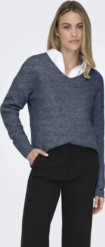 Only Camilla V-hals Trui - Dames Sweater - Vintage Indigo Melange