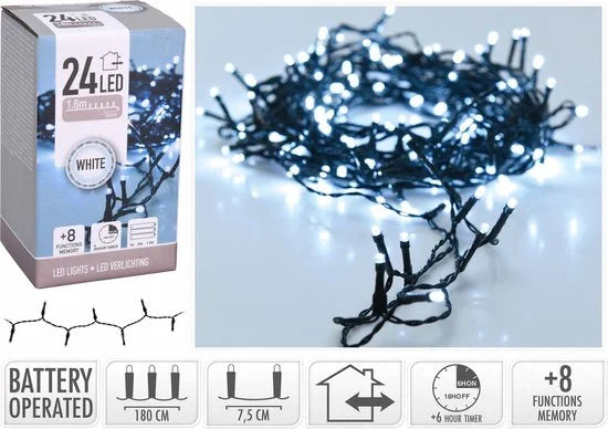Kerstverlichting op batterijen - 8 functies - 24 LED's - 1.8 meter - Wit Licht